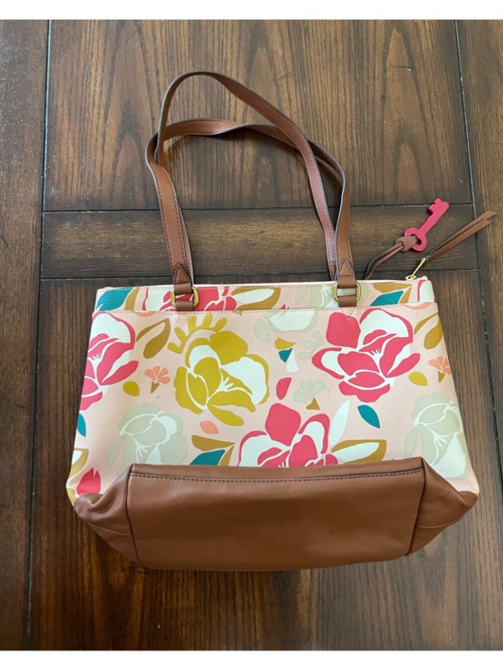 Fossil Mothers Day Large Shopper Tote Shoulder Bag Purse Pink Floral Print Key - Picture 3 of 11